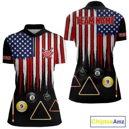 American Flag Billiard Shirt For Women Custom Patriotic Pool Team Jersey Polo & 1/4 Zip |Black TDM5752