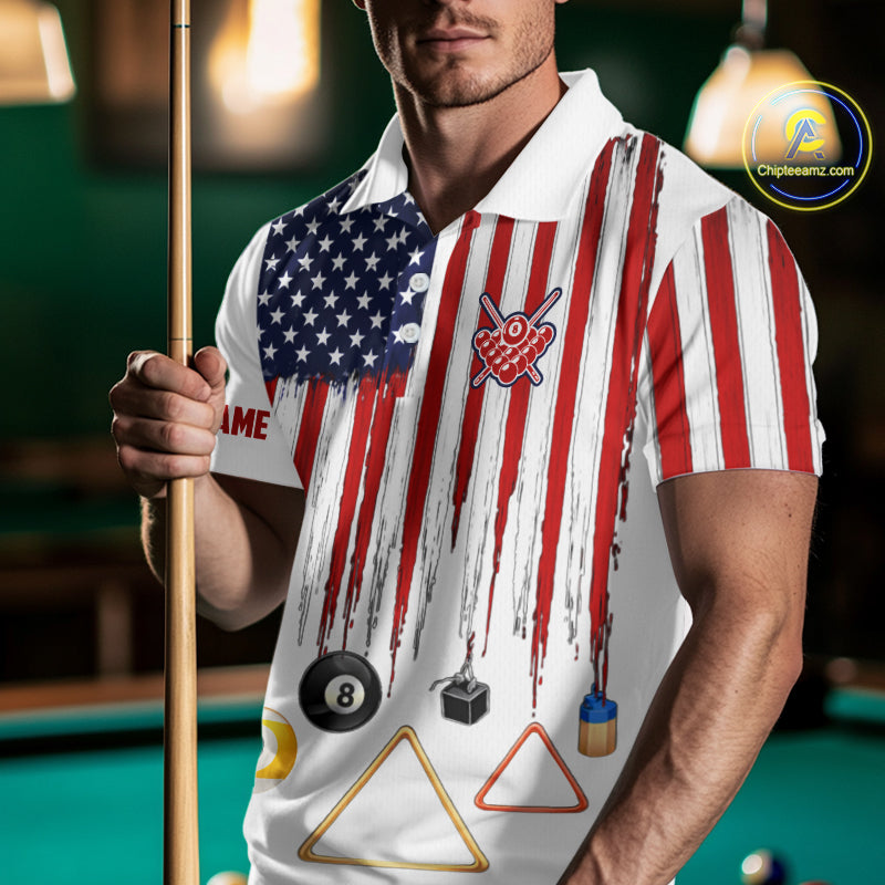 American Flag Billiard Shirt For Men Custom Patriotic Pool Team Jersey Polo & 1/4 Zip |White TDM5753