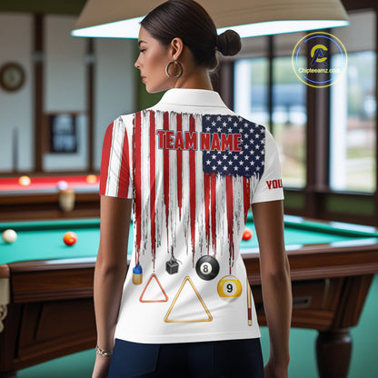 American Flag Billiard Shirt For Women Custom Patriotic Pool Team Jersey Polo & 1/4 Zip |White TDM5753