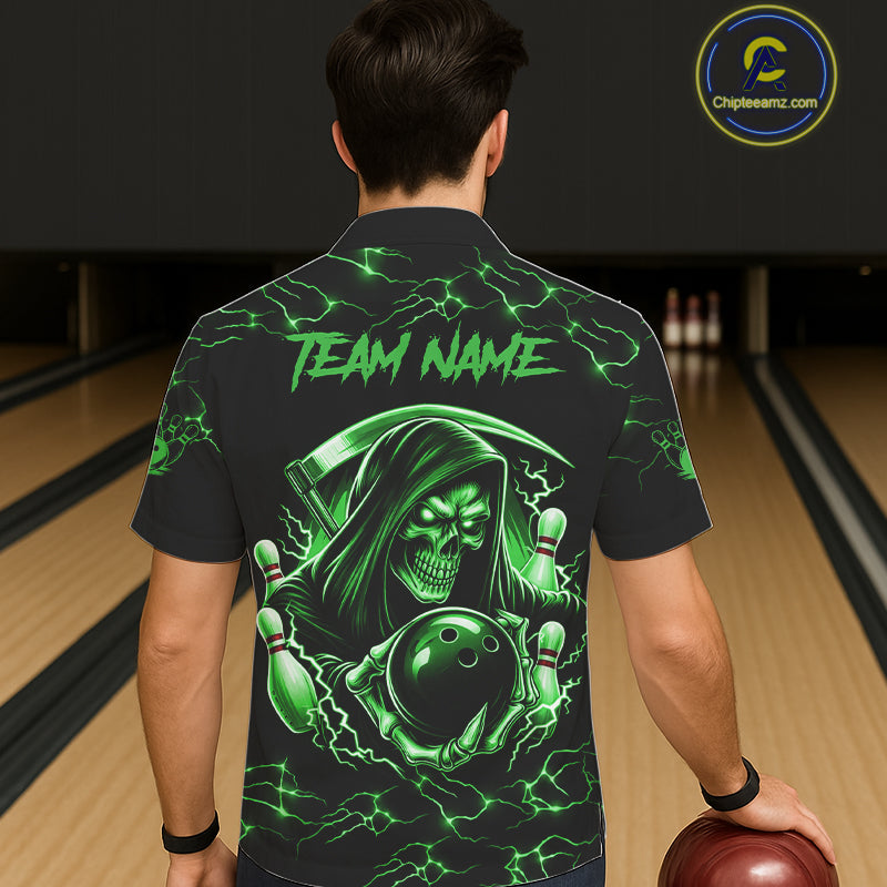 Green Grim Reaper Lightning Hawaiian Bowling Shirt For Men Women, Skull Bowling Team Jersey TDM5952