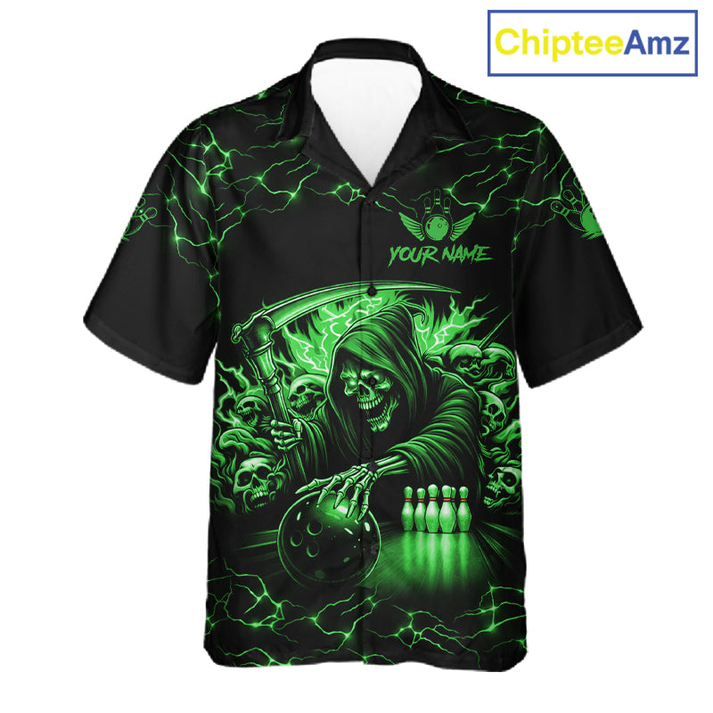 Green Grim Reaper Lightning Hawaiian Bowling Shirt For Men Women, Skull Bowling Team Jersey TDM5952