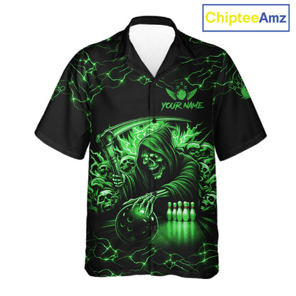 Green Grim Reaper Lightning Hawaiian Bowling Shirt For Men Women, Skull Bowling Team Jersey TDM5952