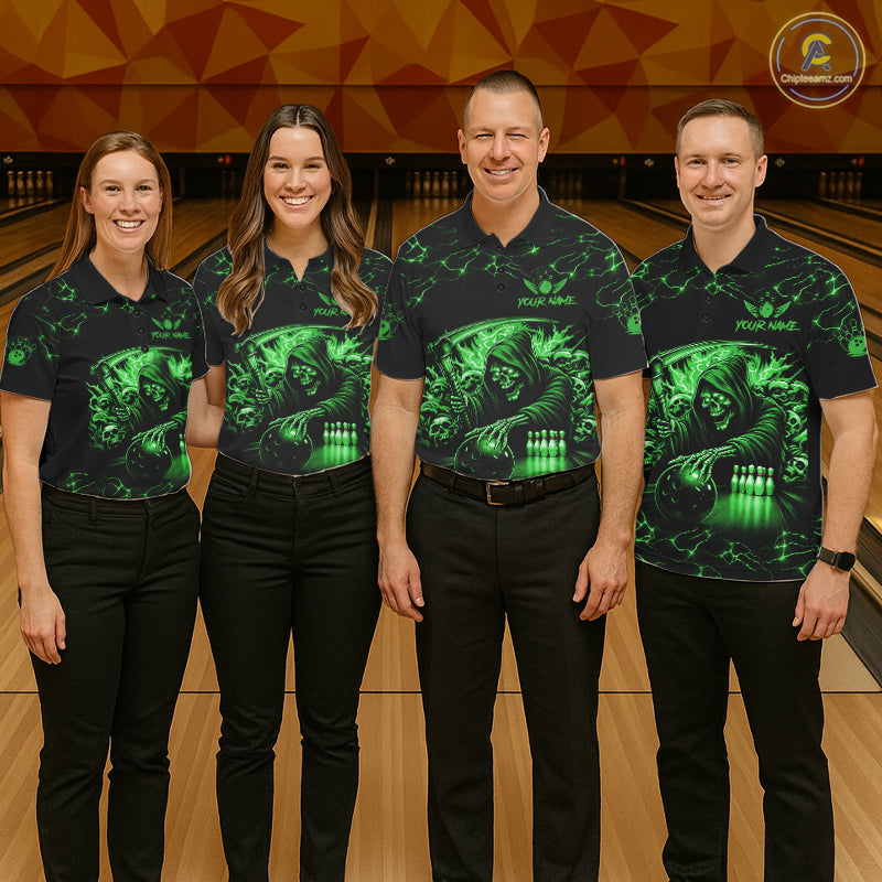 Custom Green Grim Reaper Lightning Bowling Shirt For Men, Skull Bowling Jersey Team Polo & 1/4 Zip TDM5952