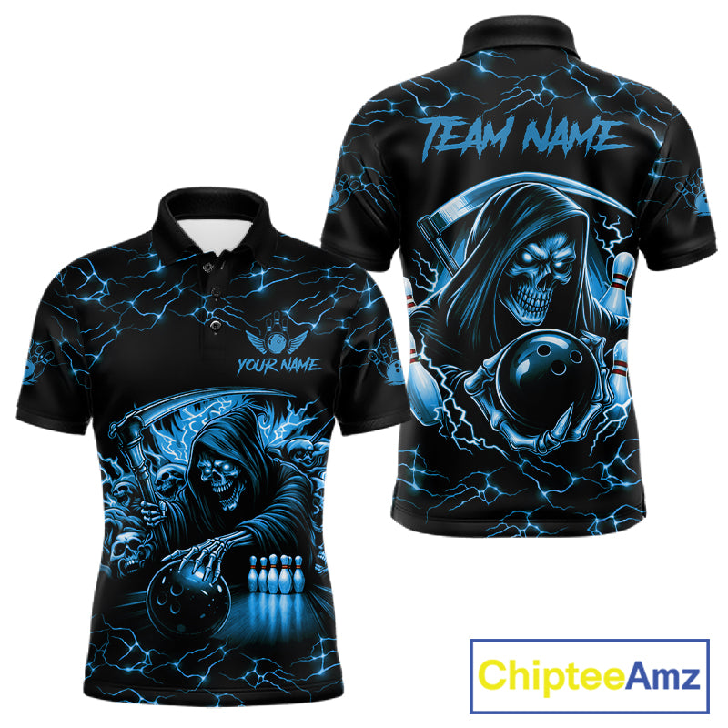 Custom Blue Grim Reaper Lightning Bowling Shirt For Men, Skull Bowling Jersey Team Polo & 1/4 Zip TDM5953