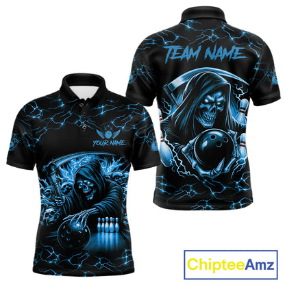 Custom Blue Grim Reaper Lightning Bowling Shirt For Men, Skull Bowling Jersey Team Polo & 1/4 Zip TDM5953