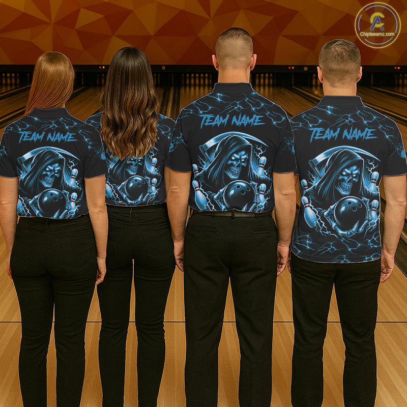 Custom Blue Grim Reaper Lightning Bowling Shirt For Women, Skull Bowling Jersey Team Polo & 1/4 Zip TDM5953