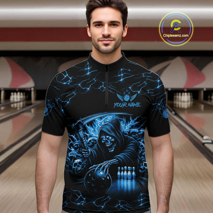 Custom Blue Grim Reaper Lightning Bowling Shirt For Men, Skull Bowling Jersey Team Polo & 1/4 Zip TDM5953