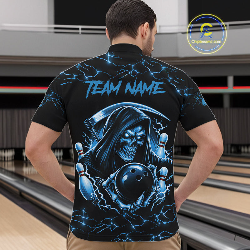 Custom Blue Grim Reaper Lightning Bowling Shirt For Men, Skull Bowling Jersey Team Polo & 1/4 Zip TDM5953