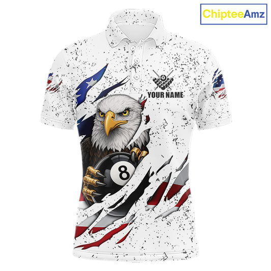 White Grunge US Flag Eagle Billiard Shirt For Men Custom 8 Ball Pool Team Jersey Polo & 1/4 Zip TDM5956