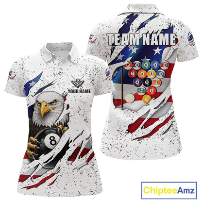 White Grunge US Flag Eagle Billiard Shirt For Women Custom 8 Ball Pool Team Jersey Polo & 1/4 Zip TDM5956