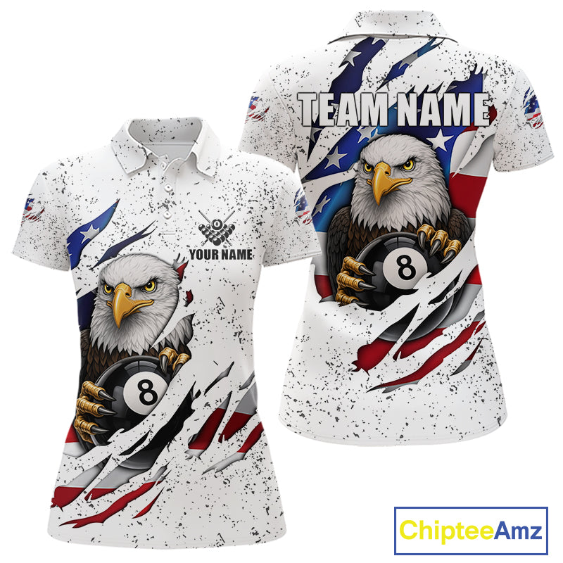 Custom Eagle 8 Ball Billiard Jersey For Women, Grunge American Flag Pool Team Shirt Polo & 1/4 Zip TDM5957