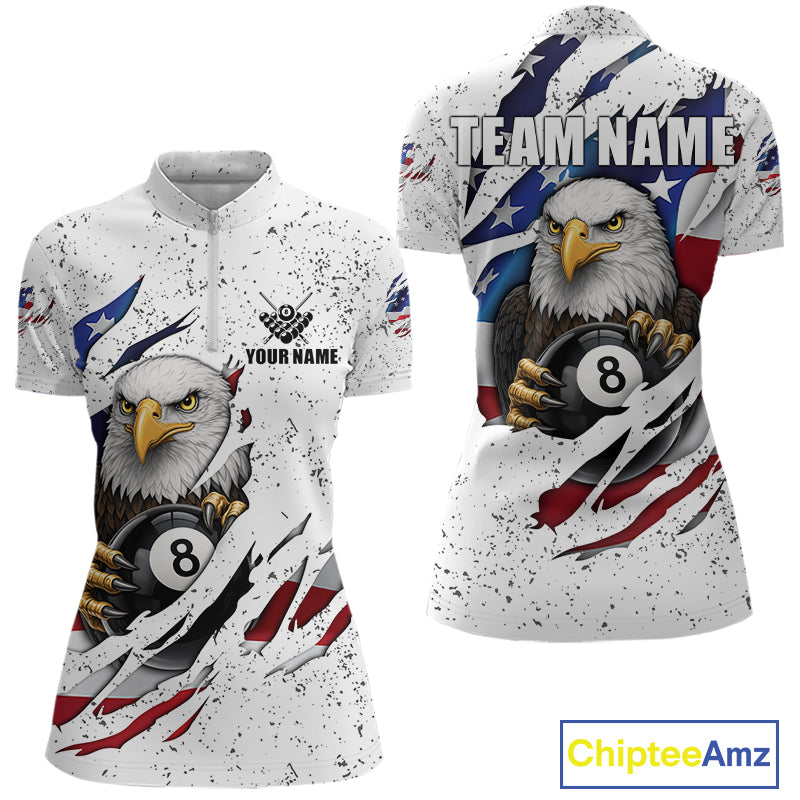 Custom Eagle 8 Ball Billiard Jersey For Women, Grunge American Flag Pool Team Shirt Polo & 1/4 Zip TDM5957