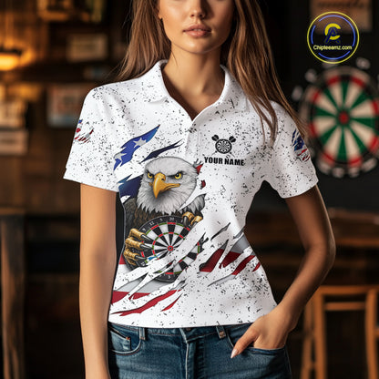 White Grunge American Flag Darts Shirt For Women Custom Patriotic Darts Team Jersey Polo & 1/4 Zip TDM5958
