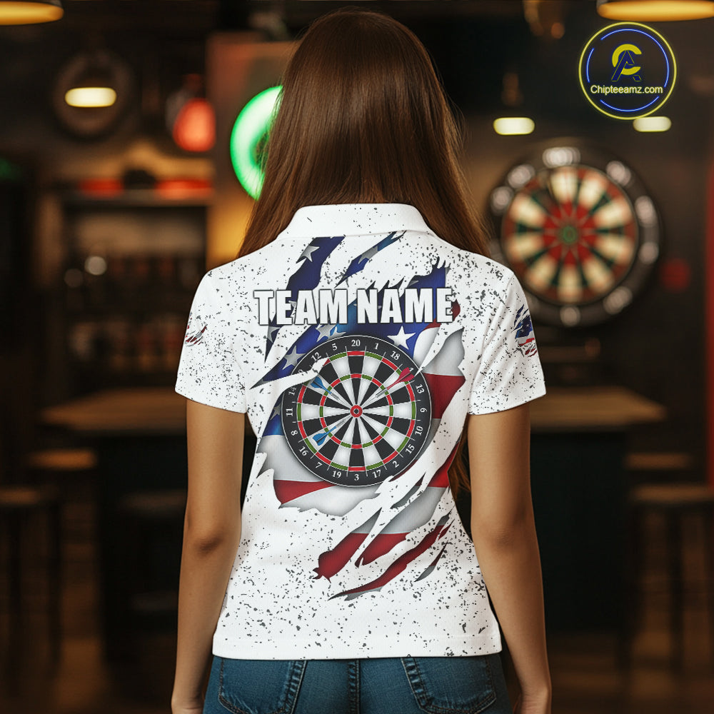 White Grunge American Flag Darts Shirt For Women Custom Patriotic Darts Team Jersey Polo & 1/4 Zip TDM5958