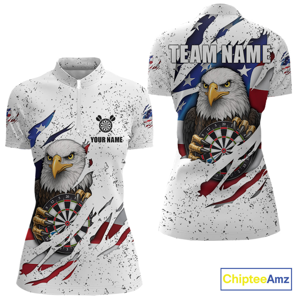 Custom Eagle Darts Jersey For Women, Grunge American Flag Patriotic Darts Team Shirt Polo & 1/4 Zip TDM5959