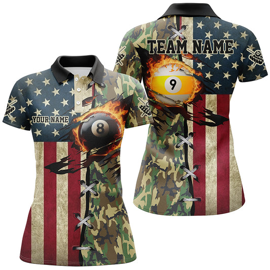 Billiards Ball 8 & Ball 9 Fire American Flag Custom Green Camo Women Polo Shirts, Billiard Attire TDM1265