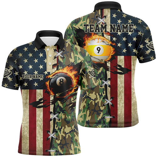 Billiards Ball 8 & Ball 9 Fire American Flag Custom Green Camo Men Polo Shirts, Billiard Attire TDM1265