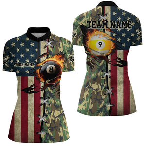 Billiards Ball 8 & Ball 9 Fire US Flag Custom Camo Women Quarter-Zip Shirts, Billiard Attire TDM1265