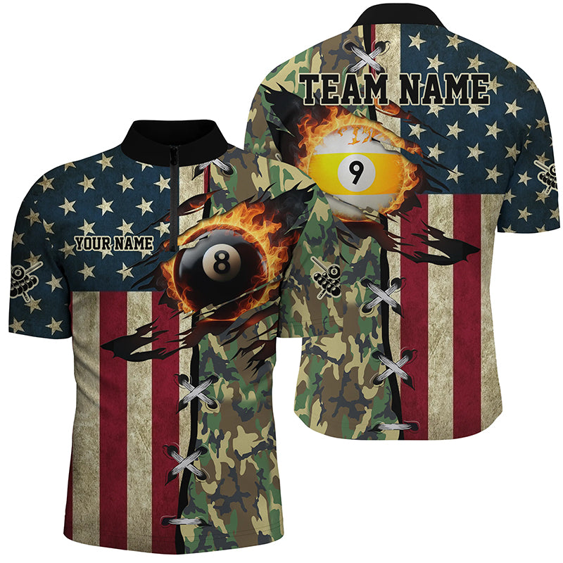 Billiards Ball 8 & Ball 9 Fire US Flag Custom Camo Men Quarter-Zip Shirts, Billiard Attire TDM1265