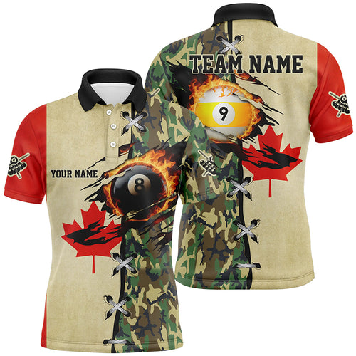 Billiards Ball 8 & Ball 9 Fire Canada Flag Custom Green Camo Men Polo Shirts, Billiard Attire TDM1266