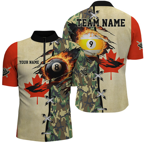 Billiard Ball 8 & Ball 9 Fire Canada Flag Custom Camo Men Quarter-Zip Shirt Billiard Attire TDM1266