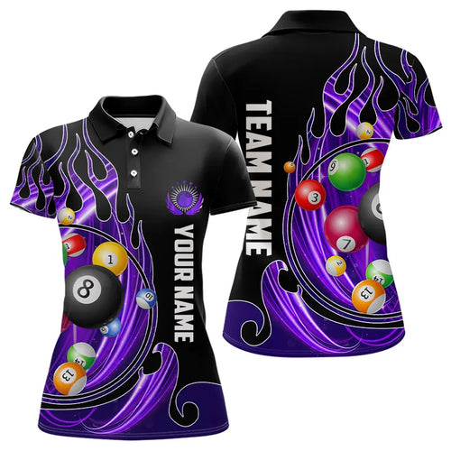 3D Billiard Balls Fire Flame Custom Pool Shirts For Women, Billiard League Team Jerseys | Purple TDM3753