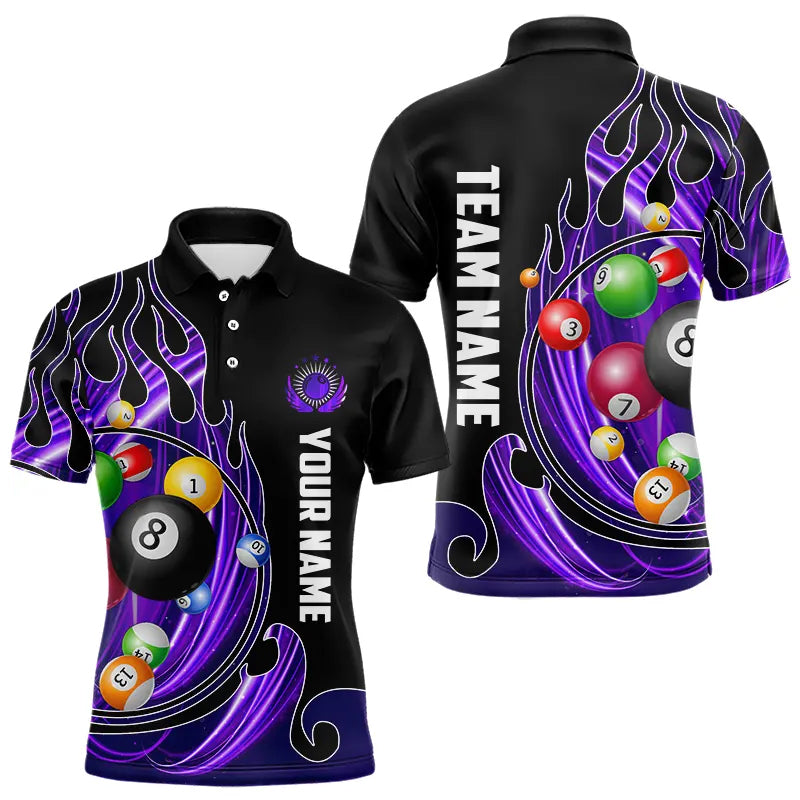3D Billiard Balls Fire Flame Custom Pool Shirts For Men, Billiard League Team Jerseys | Purple TDM3753