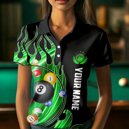 3D Billiard Balls Fire Flame Custom Pool Shirts For Women, Billiard League Team Jerseys | Green TDM3754