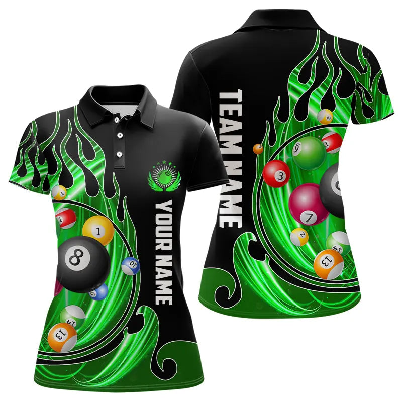3D Billiard Balls Fire Flame Custom Pool Shirts For Women, Billiard League Team Jerseys | Green TDM3754