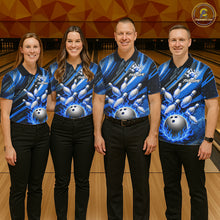 Load image into Gallery viewer, Custom Blue Flaming Silver Bowling Jersey For Women, Bowling League Team Shirts Polo &amp; Quarter Zip TDM6549