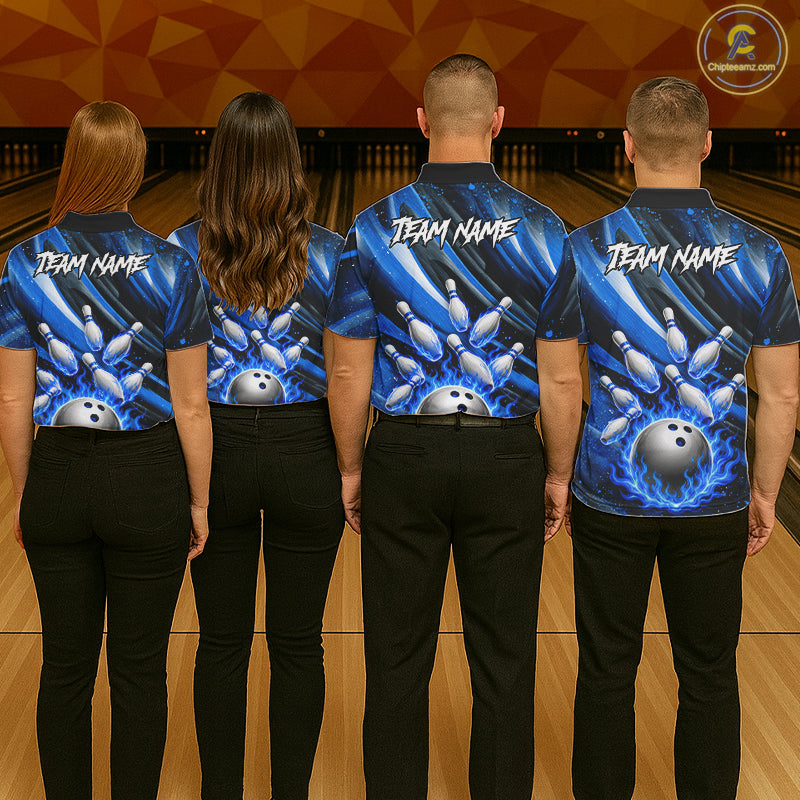 Custom Blue Flaming Silver Bowling Jersey For Men, Bowling League Team Shirts Polo & Quarter Zip TDM6549