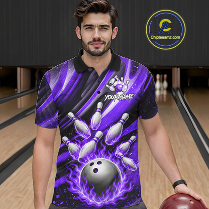 Custom Purple Flaming Silver Bowling Jersey For Men, Bowling League Team Shirts Polo & Quarter Zip TDM6550