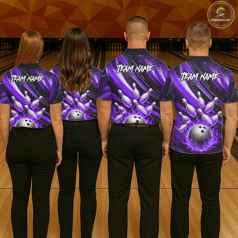 Custom Purple Flaming Silver Bowling Jersey For Men, Bowling League Team Shirts Polo & Quarter Zip TDM6550