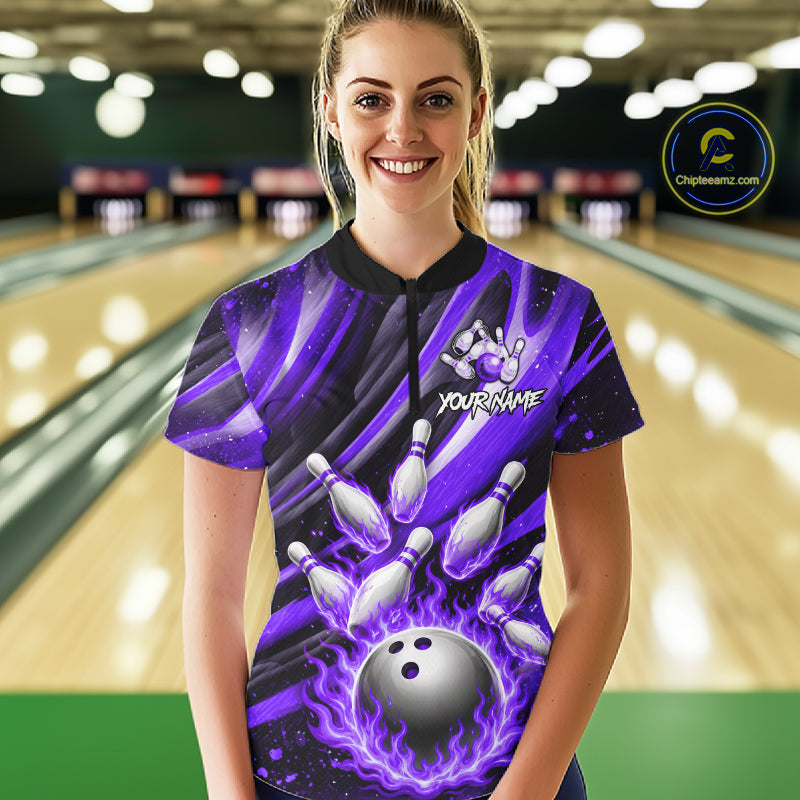 Custom Purple Flaming Silver Bowling Jersey For Women, Bowling League Team Shirts Polo & Quarter Zip TDM6550