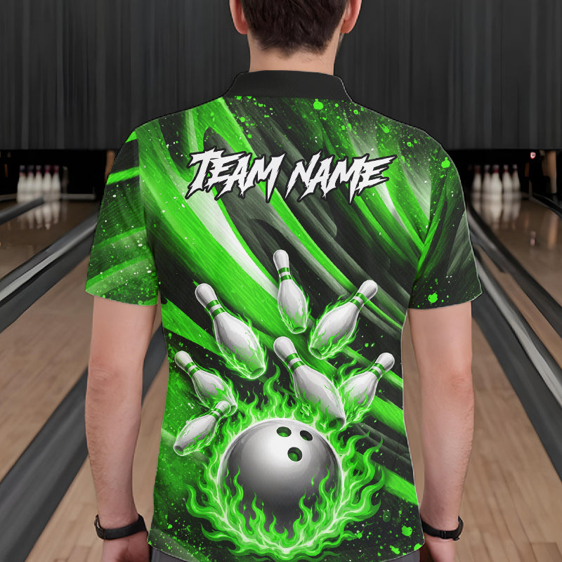 Custom Green Flaming Silver Bowling Jersey For Men, Bowling League Team Shirts Polo & Quarter Zip TDM6551