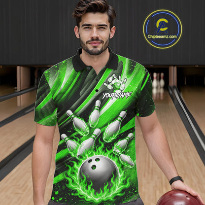 Custom Green Flaming Silver Bowling Jersey For Men, Bowling League Team Shirts Polo & Quarter Zip TDM6551