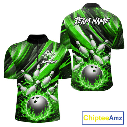 Custom Green Flaming Silver Bowling Jersey For Men, Bowling League Team Shirts Polo & Quarter Zip TDM6551