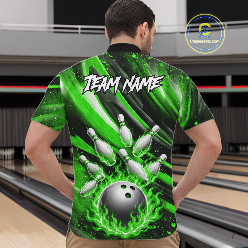 Custom Green Flaming Silver Bowling Jersey For Men, Bowling League Team Shirts Polo & Quarter Zip TDM6551