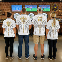 Load image into Gallery viewer, Back view of darts players wearing matching white and gold dartboard crown darts shirts.