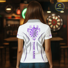 Load image into Gallery viewer, Back view of woman wearing a white and purple dartboard crown darts shirt.