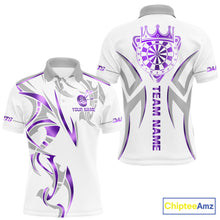 Load image into Gallery viewer, White and purple dartboard crown darts polo shirt for men with custom darts team graphics.