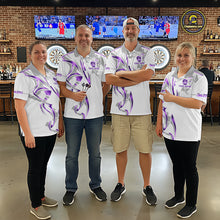 Load image into Gallery viewer, Darts team wearing matching white and purple dartboard crown darts jerseys during league competition front view.
