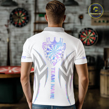 Load image into Gallery viewer, Back view of man wearing a white and holographic dartboard crown darts shirt.