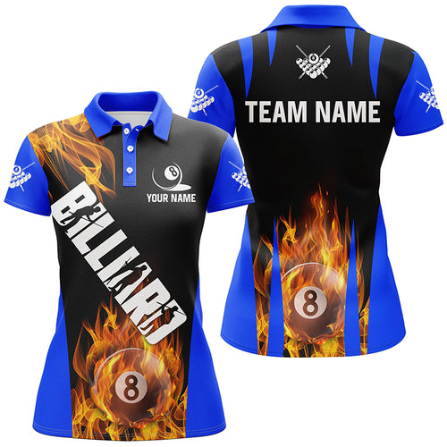 Personalized Flame 8 Ball Pool Fire Billiard Shirts For Women Custom Blue And Black Billiard Jerseys TDM2058