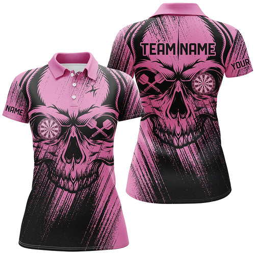 Personalized Pink Grunge Skull Darts Polo & Quarter-Zip Shirt For Women Custom Cool Darts Team Jersey TDM2531
