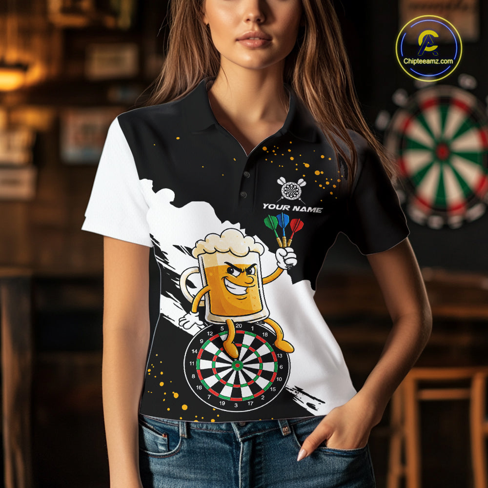 Black And White Funny Beer Darts Shirts For Women Custom Drinking Darts Team Jersey Polo & 1/4 Zip TDM7576