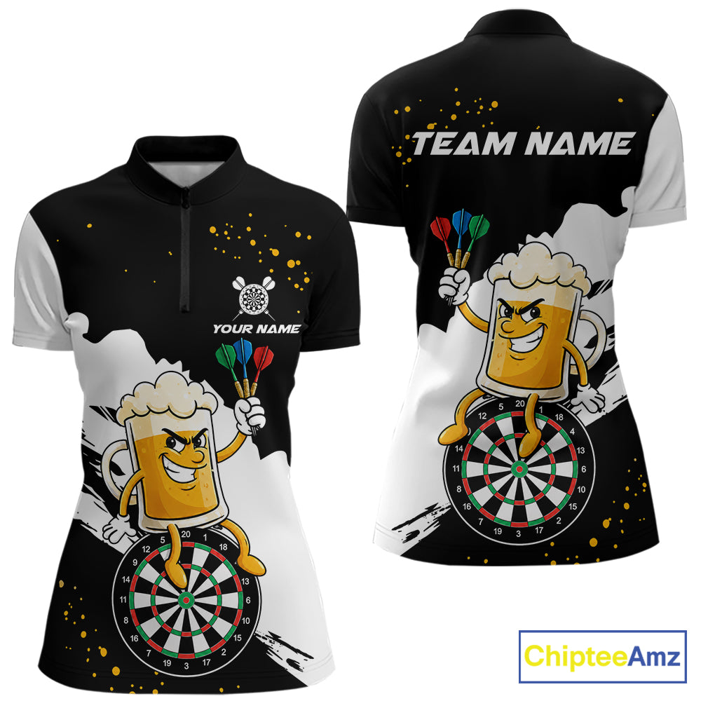 Black And White Funny Beer Darts Shirts For Women Custom Drinking Darts Team Jersey Polo & 1/4 Zip TDM7576