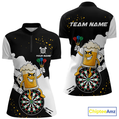 Black And White Funny Beer Darts Shirts For Women Custom Drinking Darts Team Jersey Polo & 1/4 Zip TDM7576