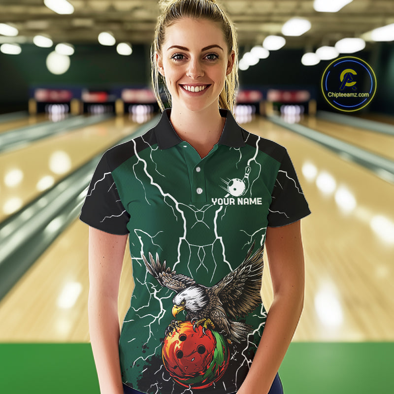 Thunder Lightning Storm Custom Eagle Bowling Shirts For Women Personalized Bowling Team Jersey |Green TDM7577