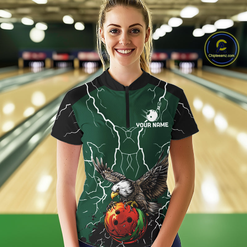 Thunder Lightning Storm Custom Eagle Bowling Shirts For Women Personalized Bowling Team Jersey |Green TDM7577